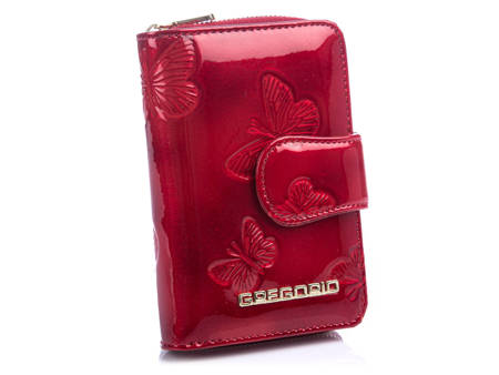 Czerwony lakierowany portfel damski w motylki Gregorio